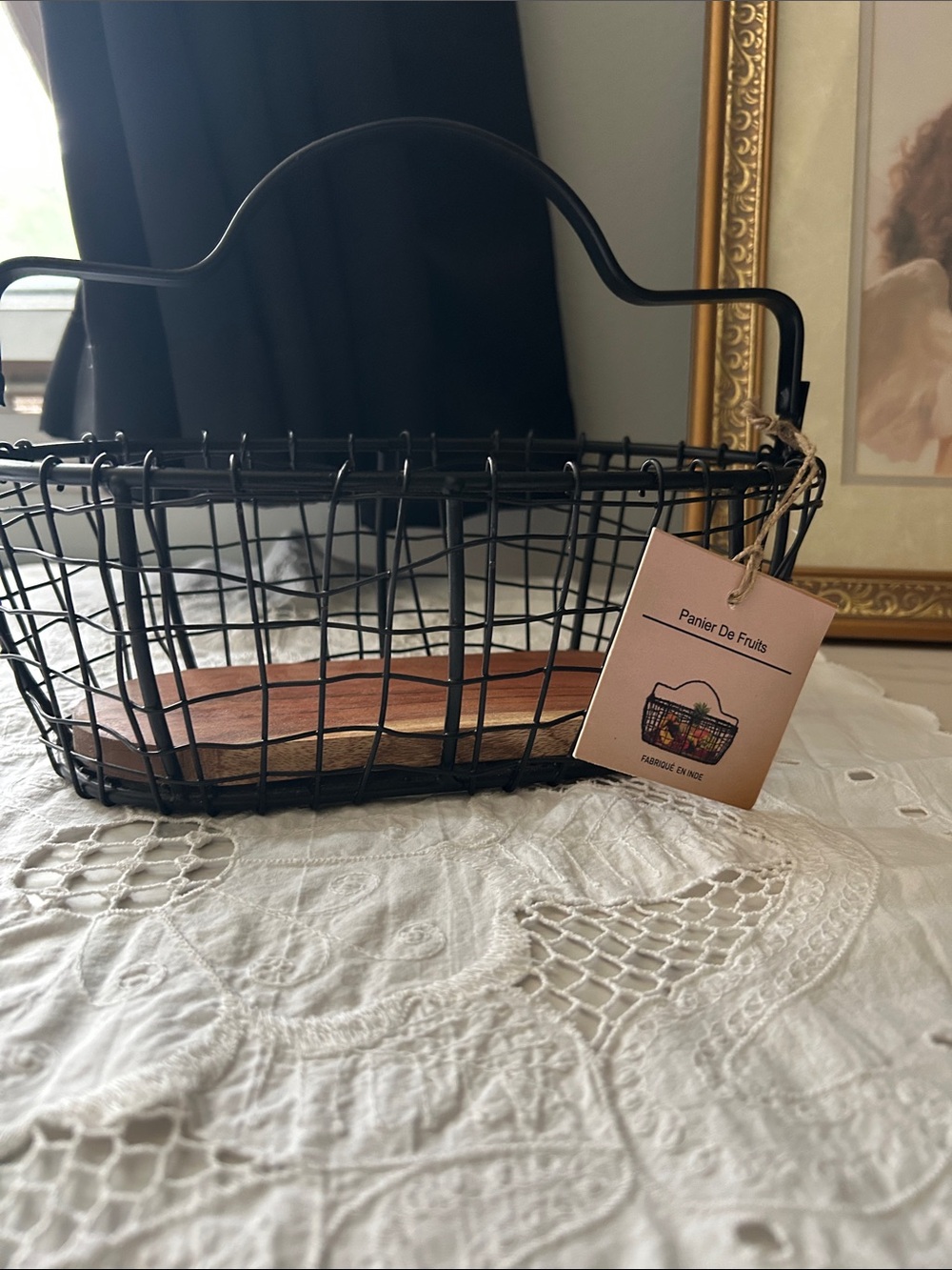 Black Wire Basket with Wooden Base - Rustic Home Accent